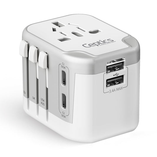 Ceptics Universal Travel Adapter, 2 USB-A + 2 USB-C, Universal Socket