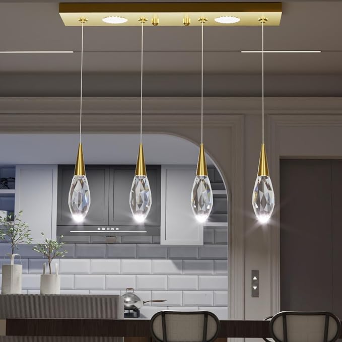 4-Lights Rectangular Pendant Lights for Kitchen Island Crystal Rectangular Chandelier for Dining Room Gold Linear Chandeliers for Living Room Hallway Bedroom