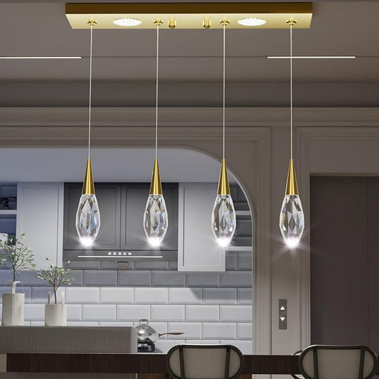 4-Lights Rectangular Pendant Lights for Kitchen Island Crystal Rectangular Chandelier for Dining Room Gold Linear Chandeliers for Living Room Hallway Bedroom