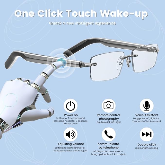 Smart Glasses Rimless Smartglasses with Bluetooth Speaker,Remote Control Photo Taking/UV Protection Voice Control (Photochromic Lenses)