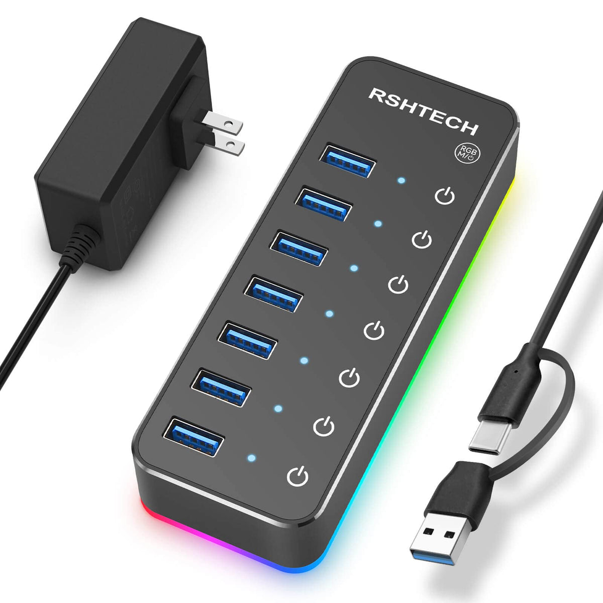 RSHTECH RGB USB Hub, USB C/USB 3.0 to 7-Port Powered USB Hub, RSH-518R
