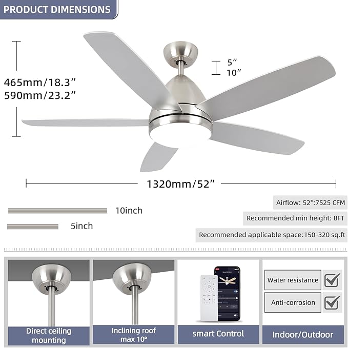 Smart Ceiling Fan with Light, Modern Nickel 52-Inch Outdoor Ceiling Fan and Remote/App, Dimmable Tri-Color LED and Reversible Motor for Indoor Bedroom/Outdoor Covered Patio