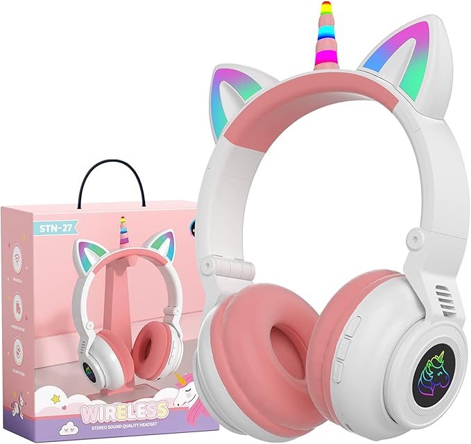 Unicorn Kids Headphones for Girls, Unicorn Bluetooth Headphones Foldable for Girls Toddlers Tablet/pad/Amazon fire,Light Up Kids Wireless Headphone Birthday Gifts (White Pink)