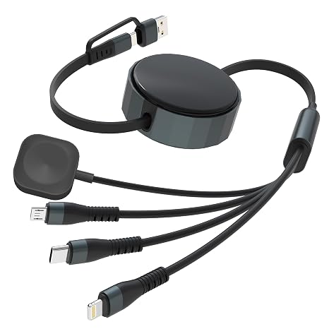 Retractable Multi Charging Cable for Apple Watch - 100W Retractable 4-in-1 Multi Charging Cable with USB-C, Lightning, Micro USB & iWatch Port, Portable Travel Charger Cord for iPad, iPhone, Android