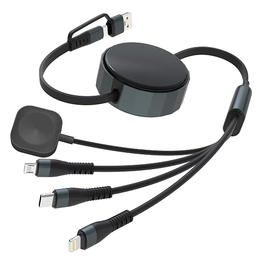 Retractable Multi Charging Cable for Apple Watch - 100W Retractable 4-in-1 Multi Charging Cable with USB-C, Lightning, Micro USB & iWatch Port, Portable Travel Charger Cord for iPad, iPhone, Android