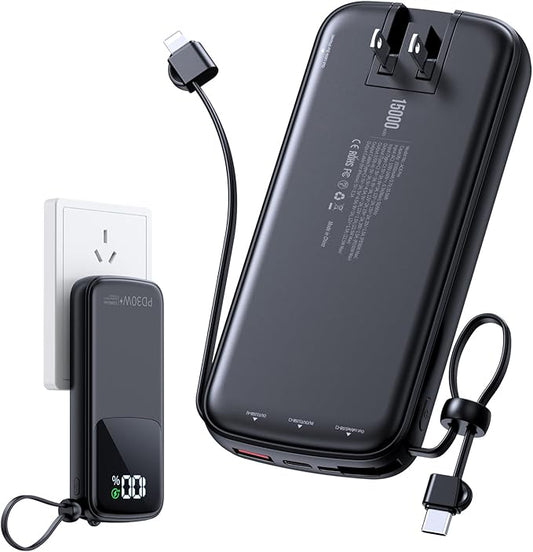 Portable-Charger-Power-Bank - 15000mAh Power Bank Supports PD 30W Fast Charging Built-in AC Wall Plug and 2 Output Cables with LED Display for iPhone iPad and Most Electronic Devices(Black)