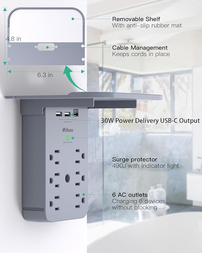 Wall Outlet Extender with Surge Protector, PD 30W USB-C Charger, 6 AC Outlets, Shelf, 2 USB & USB C Charging Ports - Home & Dorm Plug Expander (Gray)