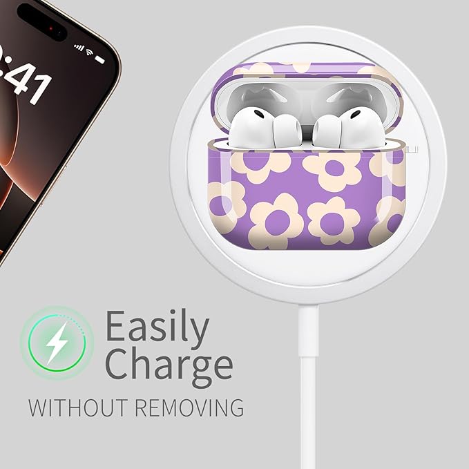 Compatible with AirPods Pro 3 (2025) Case, Airpod Pro 3 Protective Cover with Cute Golden Keychain for Girls & Women (Cute Groovy Purple Flower)