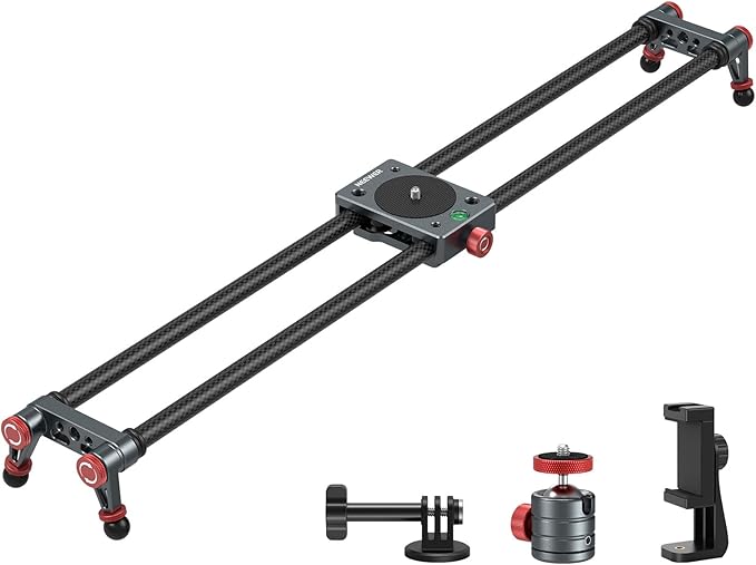 NEEWER 24in/60cm Carbon Fiber Camera Slider with 360° Ball Head/Phone Clamp/Action Camera Mount, Dolly Rail Track with 4 Bearings & Adjustable Legs, Compatible with GoPro Insta360 iPhone Android, CS2M