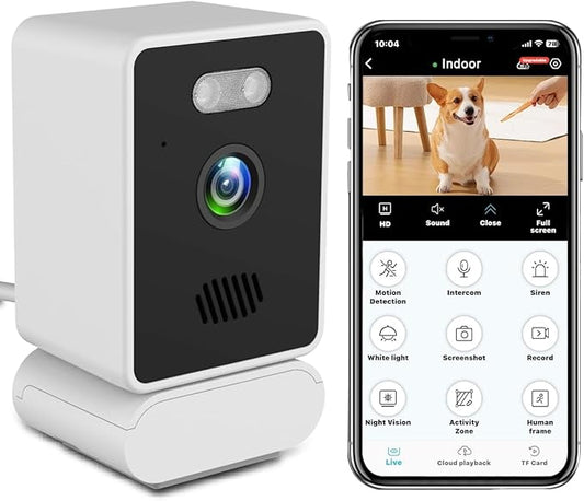 EVERSECU 2K Mini Indoor Wired Security Camera for Home, Night Vision, Pet Camera with Phone App, Motion Detection, 2-Way Audio, 2.4ghz WiFi Baby Monitor, Compatible with Alexa, Supports RTSP&ONVIF