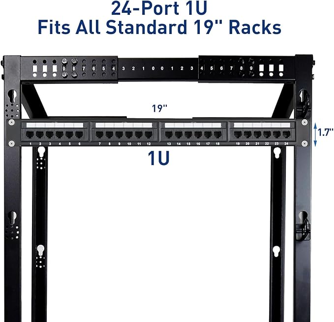 Cat6 Patch Panel 24-Port, UTP 1U 19-Inch Rack Mount Network Panel, All-in-One Design with Built-in Cable Management, Gigabit Ready Ethernet Punch Down Panel (110 Type Tool Compatible)
