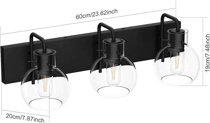 Tipace Industrial Bathroom Vanity Lighting Fixtures 3-Lights Farmhouse Matte Black Finish with Globe Clear Glass Vanity Lights Vintage Bath Lighting(Exclude Bulb)