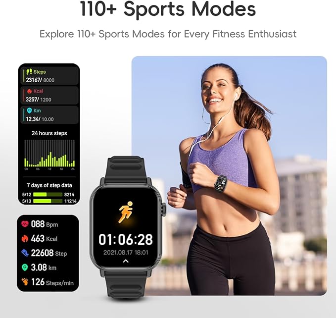 Smart Watch Sports Pedometer, Fitness Tracker Bluetooth Call Heart Rate Blood Oxygen Sleep Monitor,100 Sports Modes Waterproof for iOS Android Men's Women's Smart Watch (Black)