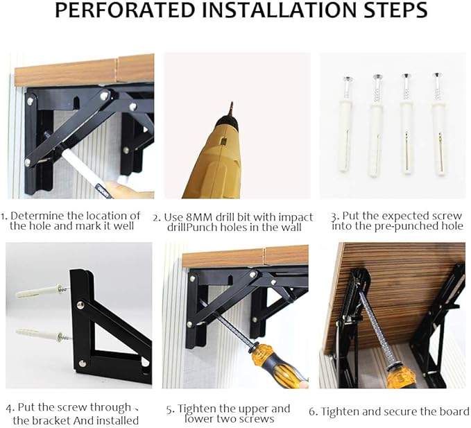 Storystore Folding Shelf Brackets - 16 Inch Heavy Duty Metal Collapsible Shelf Bracket for Bench Table, Shelf Hinge Wall Mounted Space Saving DIY Bracket, Max Load: 150 lb (4 PCS, Black)