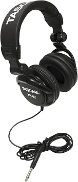 TASCAM TH-02 Professional Studio Monitor Headphones, Wired, Over Ear — for Recording, Podcast, DJ, Music and Guitar, with 1/4 Inch Jack Adapter