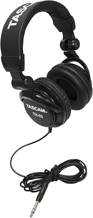 TASCAM TH-02 Professional Studio Monitor Headphones, Wired, Over Ear — for Recording, Podcast, DJ, Music and Guitar, with 1/4 Inch Jack Adapter