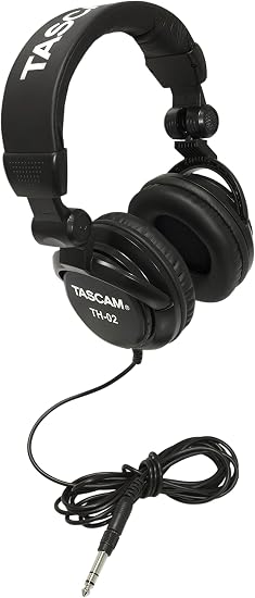TASCAM TH-02 Professional Studio Monitor Headphones, Wired, Over Ear — for Recording, Podcast, DJ, Music and Guitar, with 1/4 Inch Jack Adapter