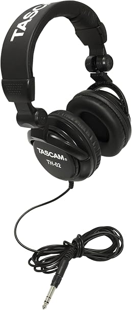 TASCAM TH-02 Professional Studio Monitor Headphones, Wired, Over Ear — for Recording, Podcast, DJ, Music and Guitar, with 1/4 Inch Jack Adapter