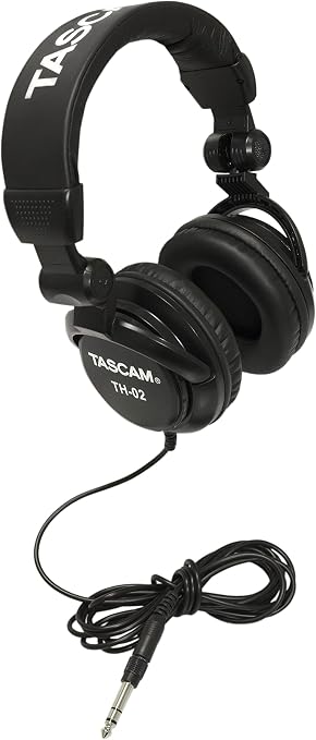TASCAM TH-02 Professional Studio Monitor Headphones, Wired, Over Ear — for Recording, Podcast, DJ, Music and Guitar, with 1/4 Inch Jack Adapter