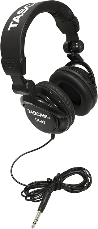 TASCAM TH-02 Professional Studio Monitor Headphones, Wired, Over Ear — for Recording, Podcast, DJ, Music and Guitar, with 1/4 Inch Jack Adapter