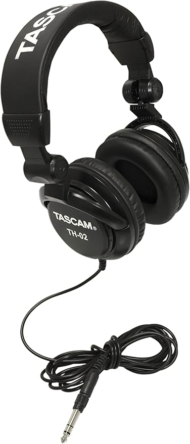 TASCAM TH-02 Professional Studio Monitor Headphones, Wired, Over Ear — for Recording, Podcast, DJ, Music and Guitar, with 1/4 Inch Jack Adapter