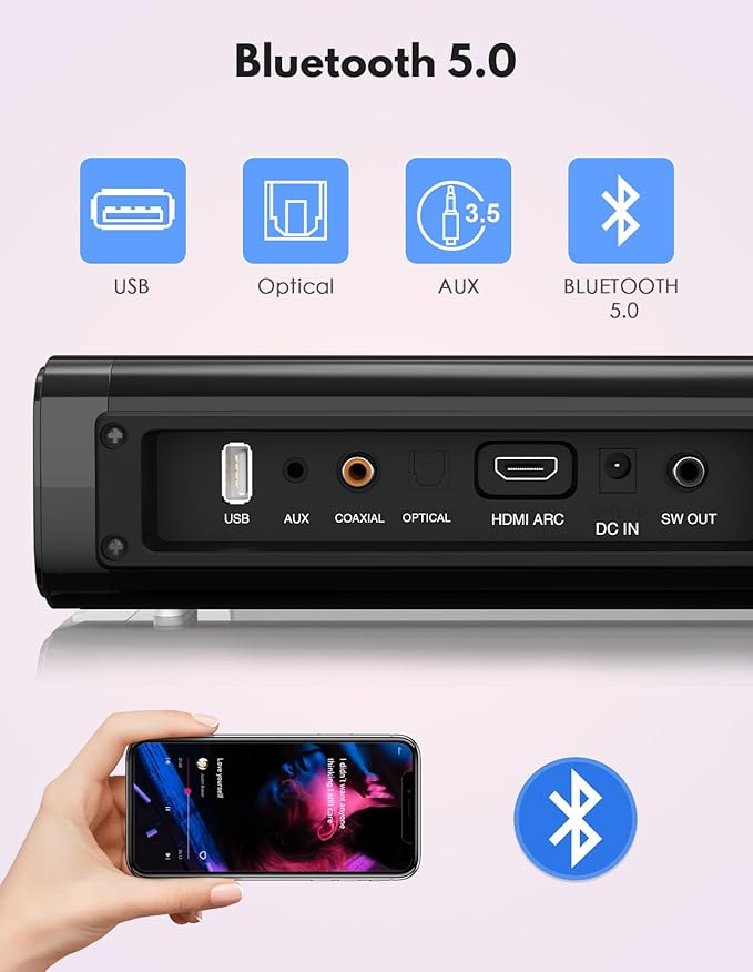 2 in 1 Separable Sound Bar for Smart TV with Subwoofer, Bluetooth 5.0 Surround Sound System for Home Theater, ARC/Optical/Aux/USB TV Speaker, Treble/Bass Adjust, 10 EQ Modes, Remote Included