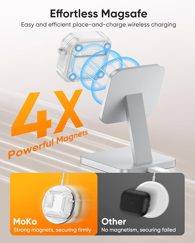MoKo for AirPods 4 Case with Lock 2024 - Compatible with MagSafe, Phone Stand & Auto Pop-up for AirPods 4th Generation Case, Military-Grade Protective Cover with Cleaner Kit, White
