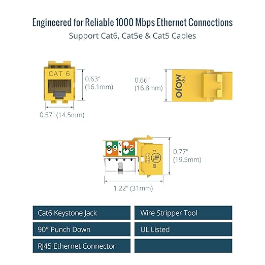 Tecmojo UL Listed 1000 Mbps Cat6 Keystone Jack Insert 25 -Pack, 90 Degree Punch Down RJ45 Keystone Jack Adapter Slim Profile for Patch Panel & Wall Plate, Yellow