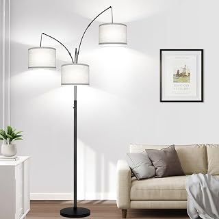 Dimmable Floor Lamp, 3 Lights Black Arc Floor Lamp, Modern Tall Standing Tree Lamp with Grey Linen Shades & Heavy Base, 3000LM LED Bulbs, Bright Lighting for Living Room, Bedroom, Office & Reading - Image 1