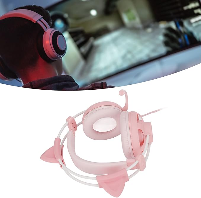 Cute Pink Cat Ears Gaming Headset for, 7.1 Surround Headband Wired Gaming Headset Bass Surround and Noise Cancelling with Mic for Laptop PC Smartphones (Pink)