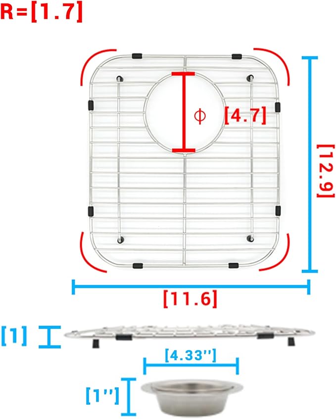 Kitchen Sink Grid 11-3/4" x 12-1/4"- Heavy Duty Kitchen Sink Protector with Built-in Strainer & Rear Drain, Non-Slip Rubber Feet & Scratch Resistant Bottom Guard