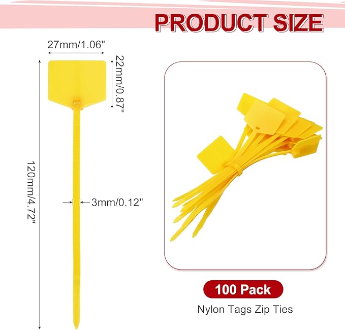 MECCANIXITY 100Pcs 4.7 Inch Waterproof Shipping Tags 0.12" Nylon Writable Hanging Tags Self Locking Labels Zip Tie Wraps for Indoor and Outdoor, Yellow