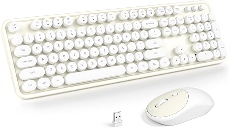 KNOWSQT Wireless Keyboard and Mouse Combo - White-Milky Full-Sized 2.4 GHz 104 Keys Typewriter Cute Keyboard, Round Keycap and Optical Mouse for Windows, Computer, PC, Laptop, Desktop