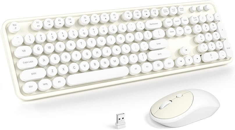 KNOWSQT Wireless Keyboard and Mouse Combo - White-Milky Full-Sized 2.4 GHz 104 Keys Typewriter Cute Keyboard, Round Keycap and Optical Mouse for Windows, Computer, PC, Laptop, Desktop