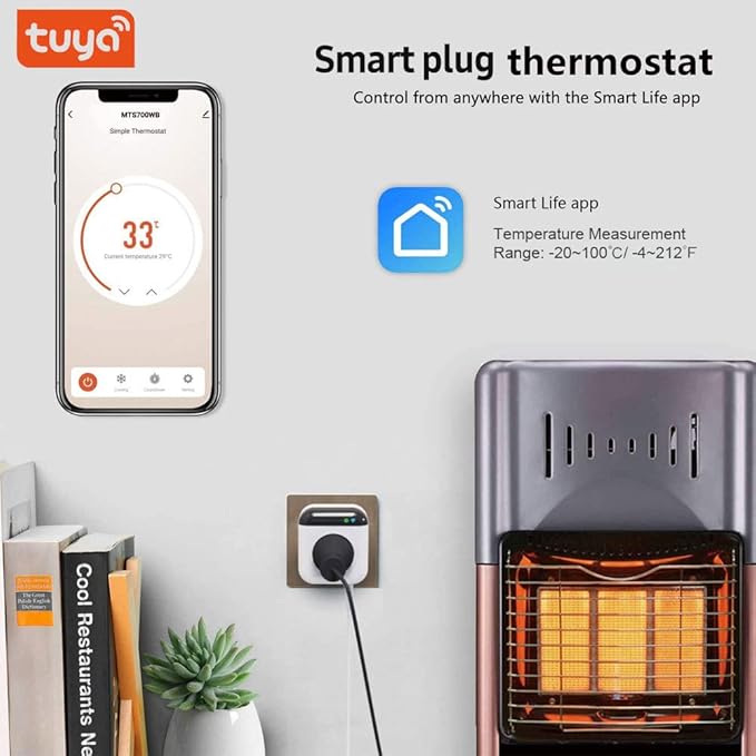 Programmable Smart WiFi Thermostat Plug Mini Temperature Controller 10A Plug-in Socket APP Control Voice Control Schedule Timer Electric Switch for Heating Cooling Appliances