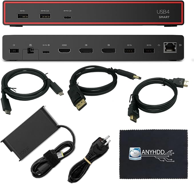 Lenovo 40BC0135US USB4 Smart Dock 5500 Laptop Docking Station with Integrated USB4 Cable, HDMI 2.1 & DisplayPort 1.4 Video Outputs, Multiple USB-A & USB-C Ports, Gigabit Ethernet, 100W Power Delivery