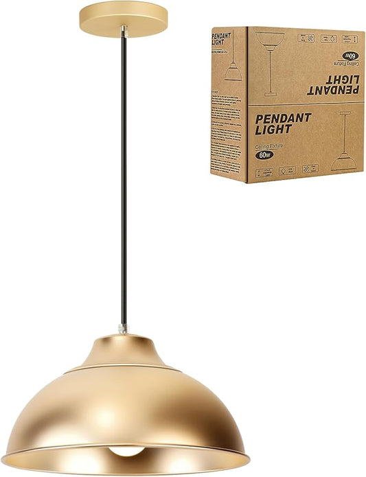 11.8" Aluminum Modern Farmhouse Pendant Light,Adjustable Height 47 Inch Cord Dimmable Compatible E26 Base Sandblasting Oxidation Round Dome Hanging Light Fixture for Kitchen Island Indoor (Gold)