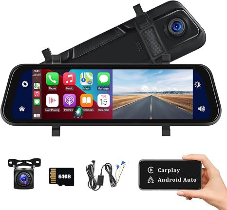 Rear View Mirror Camera with Carplay&Android Auto,9.66" 1080P Mirror Dash Cam Front and Rear with Voice Control,Night Vision,Parking Monitoring,Reverse Assist Free 64GB Card for Cars&Trucks