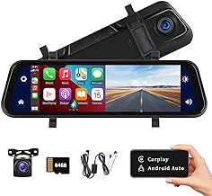Rear View Mirror Camera with Carplay&Android Auto,9.66" 1080P Mirror Dash Cam Front and Rear with Voice Control,Night Vision,Parking Monitoring,Reverse Assist Free 64GB Card for Cars&Trucks