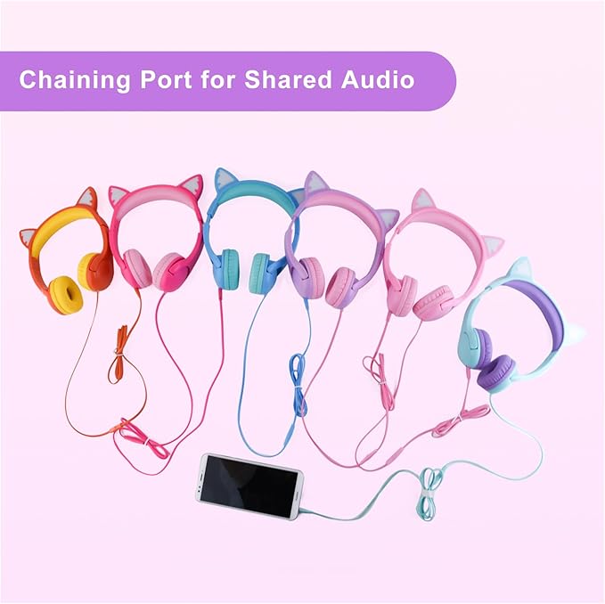 Olyre Kids Headphones with Sharing Port, Safe 85db Volume Control Light Up Cat Ear Headphones for Tablets/E-Readers, Wired Children Headphones with Microphone for School Learning Travel - Rose