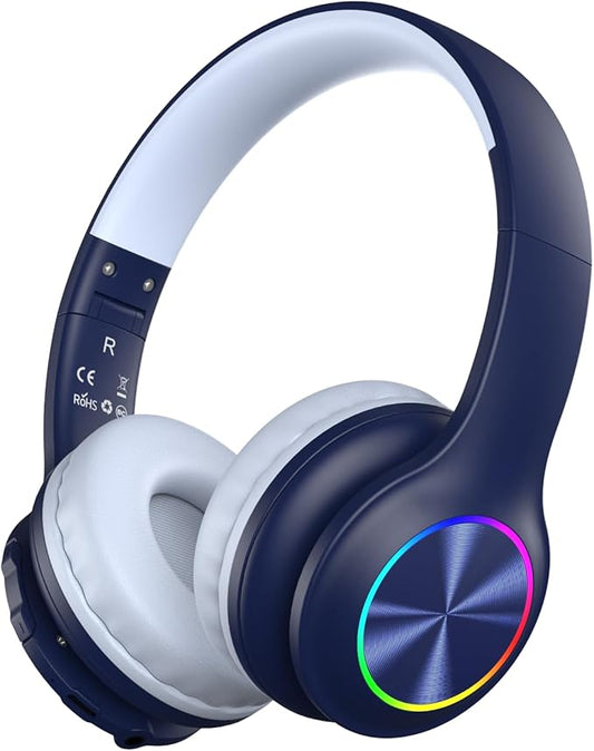 Kids Bluetooth 6.0 Headphones with LED Light, 85Hours Playtimes, Type-C Fast Charging, 85/94dB Volume Limited, Comfort Wireless Headphones with Built-in Mic, Wired & TF Card Mode, Navy Blue