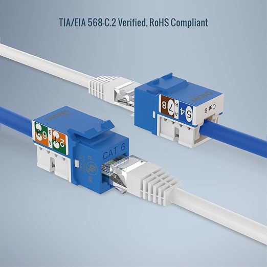 Tecmojo UL Listed 1000 Mbps Cat6 Keystone Jack Insert 25 -Pack, 90 Degree Punch Down RJ45 Keystone Jack Adapter Slim Profile for Patch Panel & Wall Plate, Blue