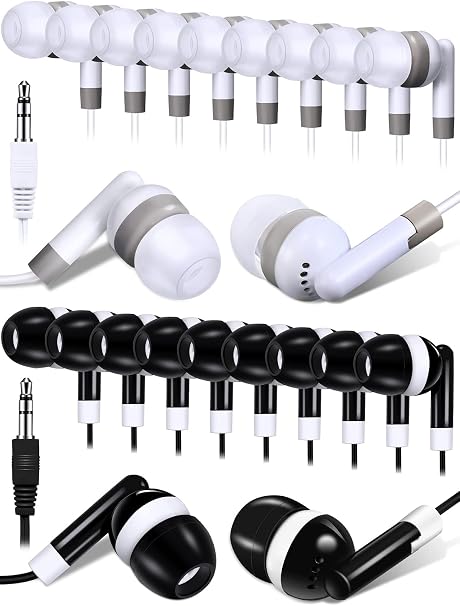 DULLA 100-Pack Bulk Earbuds for Classroom & Library (Black & White)