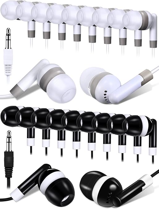 DULLA 100-Pack Bulk Earbuds for Classroom & Library (Black & White)
