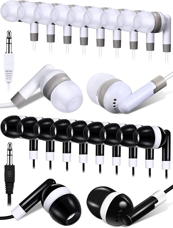 DULLA 100-Pack Bulk Earbuds for Classroom & Library (Black & White)