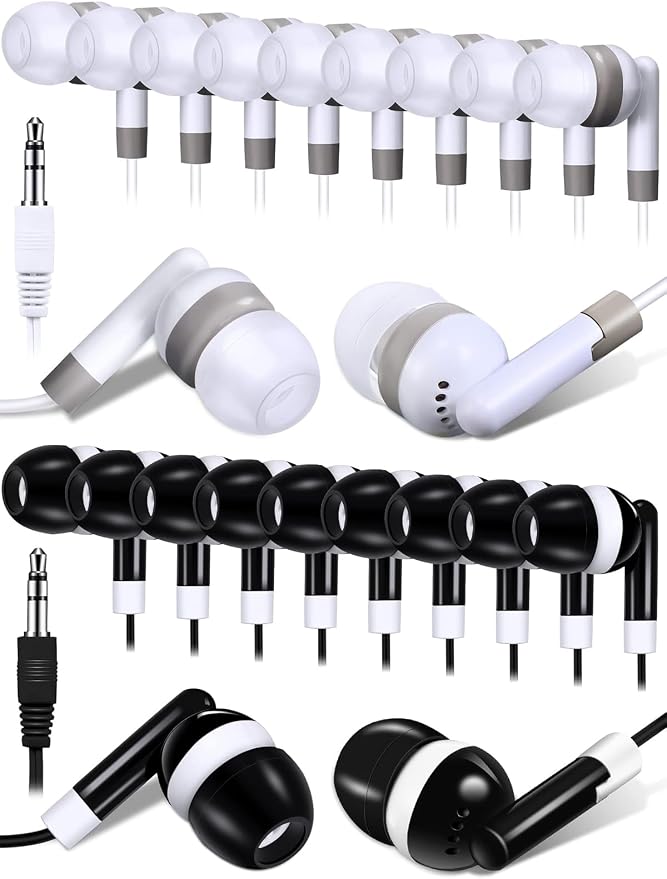 DULLA 100-Pack Bulk Earbuds for Classroom & Library (Black & White)