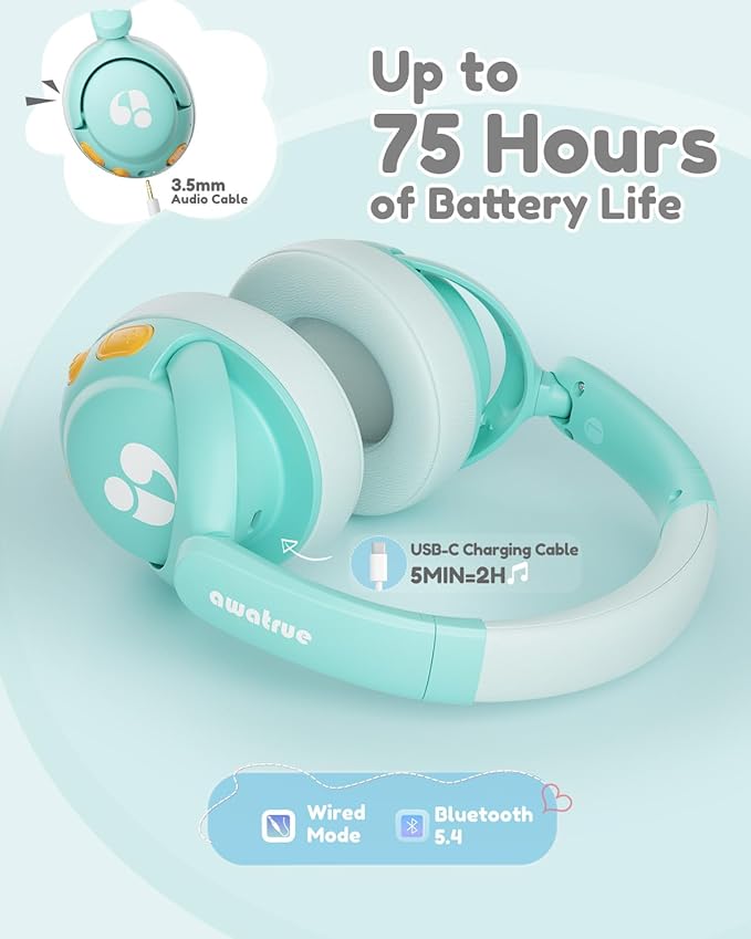 Kids Bluetooth Headphones, 85dB Volume Limiter, Foldable Wireless Over-Ear Headphones for iPad, Travel, 75H Playtime, Bluetooth 5.4, Built-in Mic, Green