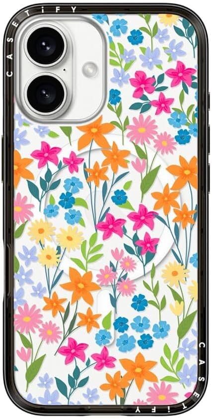 CASETiFY Compact iPhone 16 Case [Slim and Sleek/Compatible with Magsafe / 4 ft. 2X Military Grade Drop Protection] - Bright Spring Flowers - Daisy Floral Pattern - Clear Black