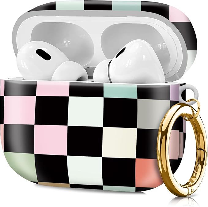 Compatible with Airpod pro 2nd/1st Generation Case Cover with Gold Round Keychain Cute Pattern Hard & Anti Slip Cover for Men Women & Girls（Colorful Squares）