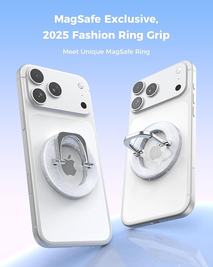 SUPERONE for Magsafe Ring Holder, Magnetic Phone Grip with Adjustable Stand, Removable Magnetic Accessories, iPhone 12/13/14/15/16/17 Series & Magsafe Case - Glitter Silver